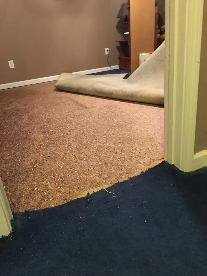 Carpet pad removal revealing water damage during Water Mitigation Services in Mendham